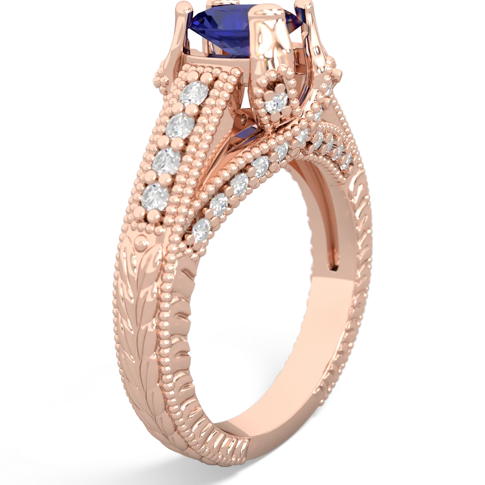 Lab Sapphire Antique Style Milgrain Diamond 14K Rose Gold ring R2028