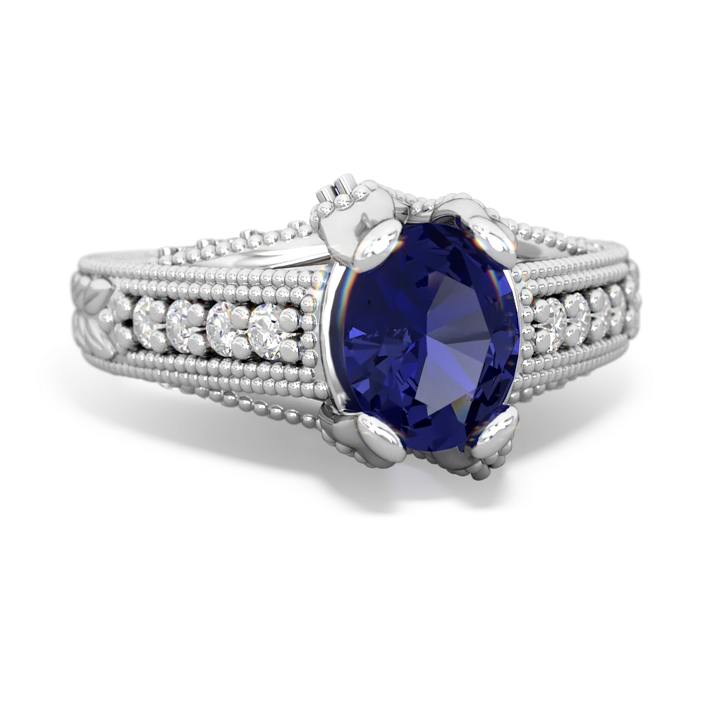 Lab Sapphire Antique Style Milgrain Diamond 14K White Gold ring R2028