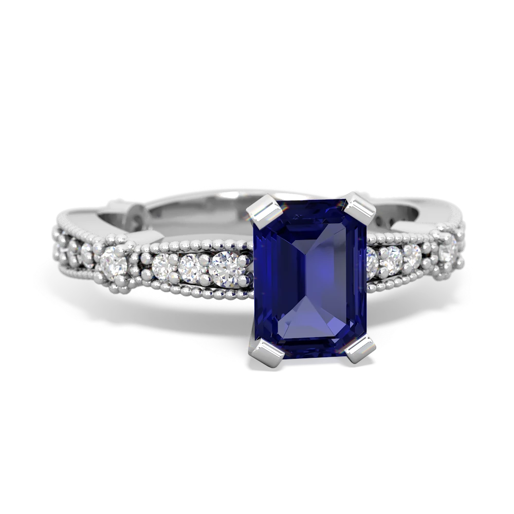 Lab Sapphire Sparkling Tiara 7X5mm Emerald-Cut 14K White Gold ring R26297EM