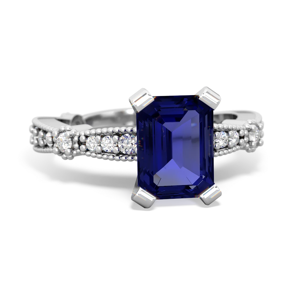 Lab Sapphire Sparkling Tiara 8X6 Emerald-Cut 14K White Gold ring R26298EM