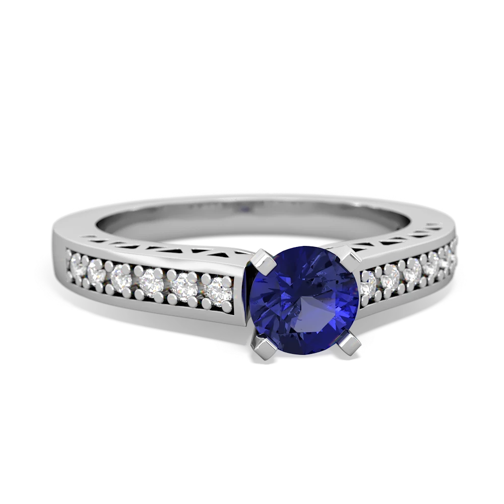 Lab Sapphire Art Deco Engagement 5Mm Round 14K White Gold ring R26355RD