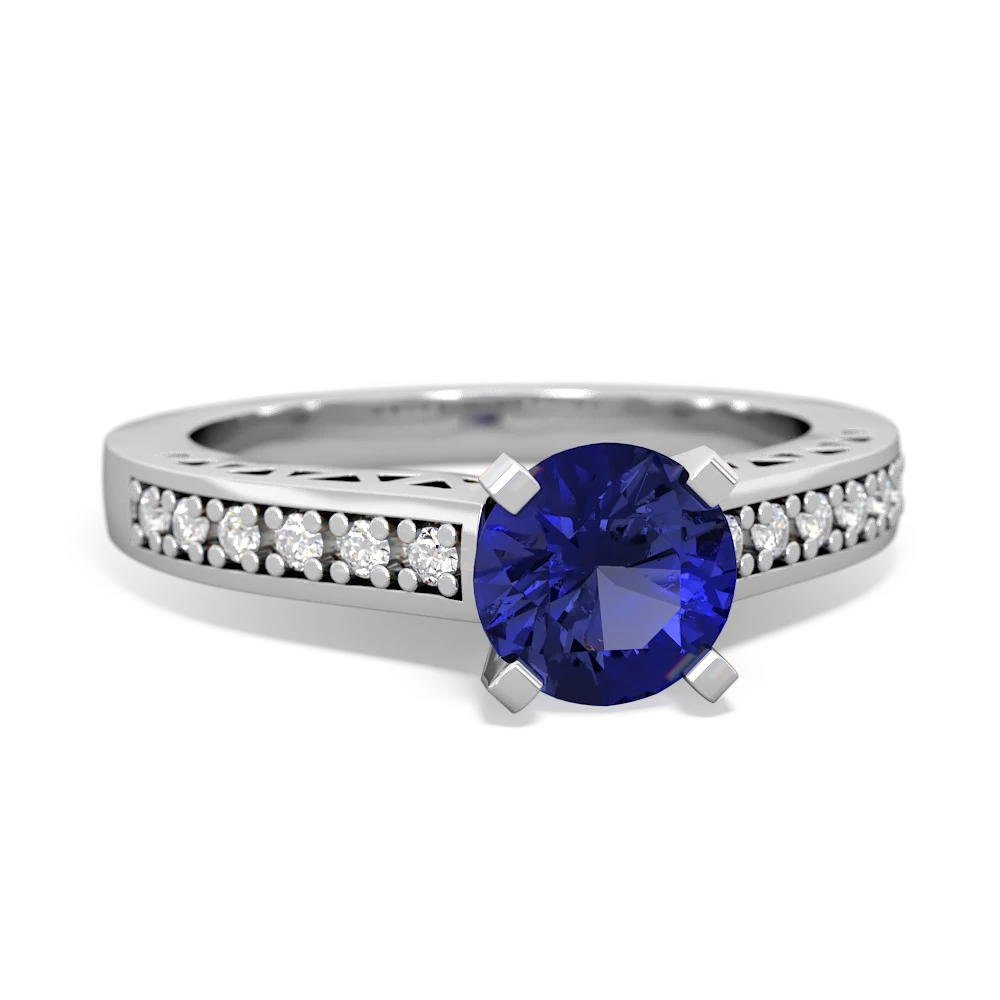 Lab Sapphire Art Deco Engagement 6Mm Round 14K White Gold ring R26356RD