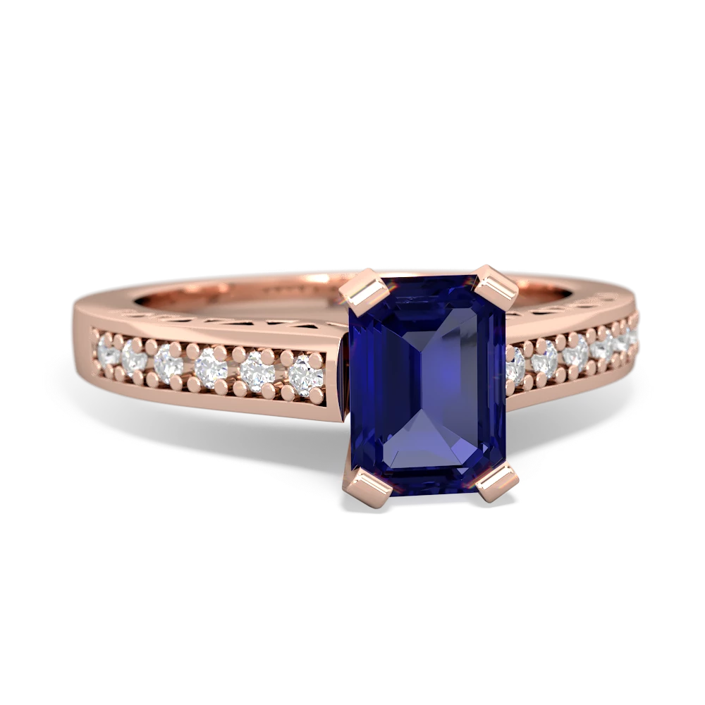 Lab Sapphire Art Deco Engagement 7X5mm Emerald-Cut 14K Rose Gold ring R26357EM