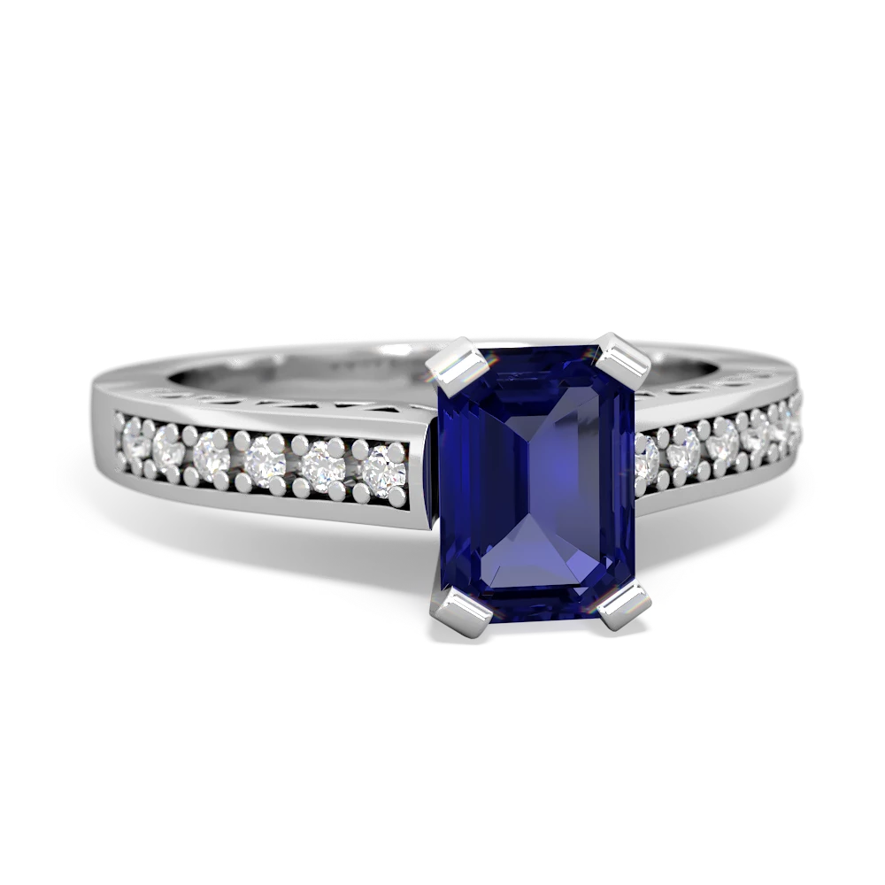 Lab Sapphire Art Deco Engagement 7X5mm Emerald-Cut 14K White Gold ring R26357EM