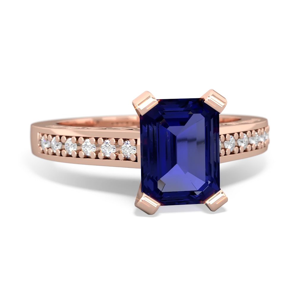 Lab Sapphire Art Deco Engagement 8X6mm Emerald-Cut 14K Rose Gold ring R26358EM