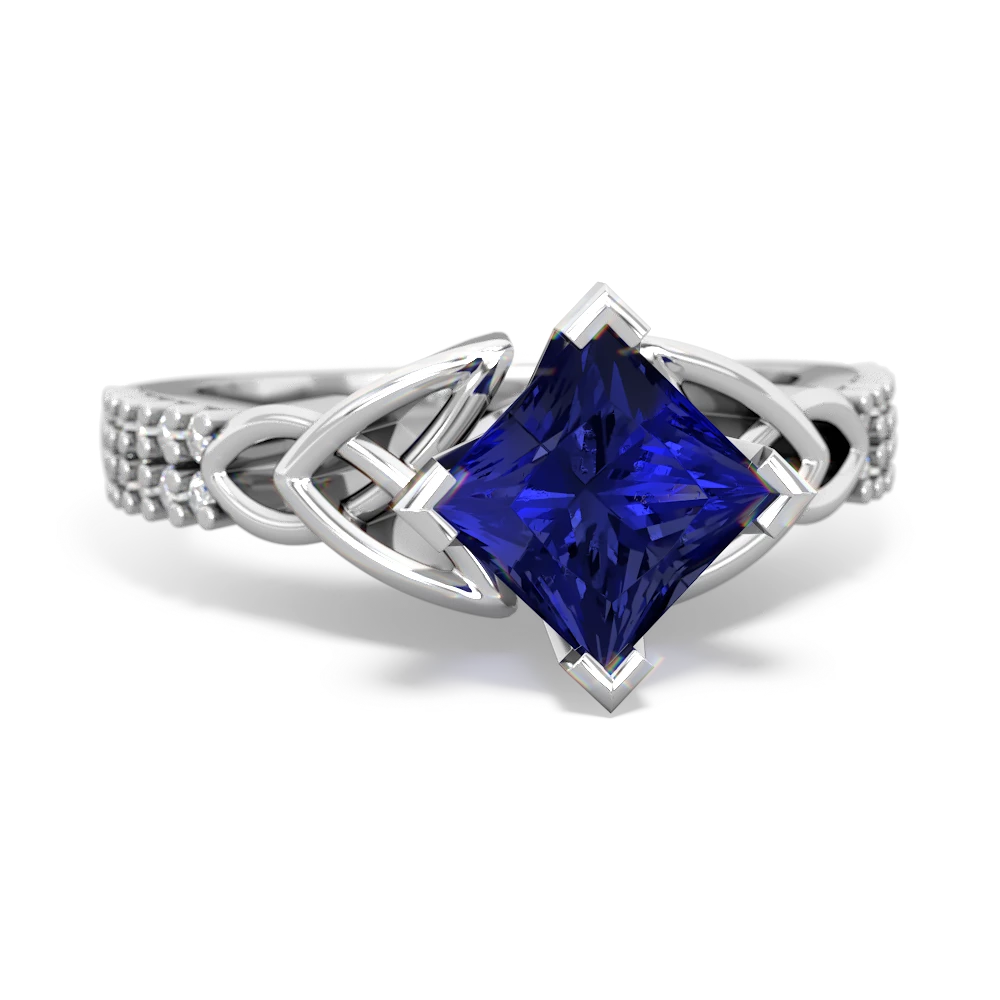 Lab Sapphire Celtic Knot 6Mm Princess Engagement 14K White Gold ring R26446SQ