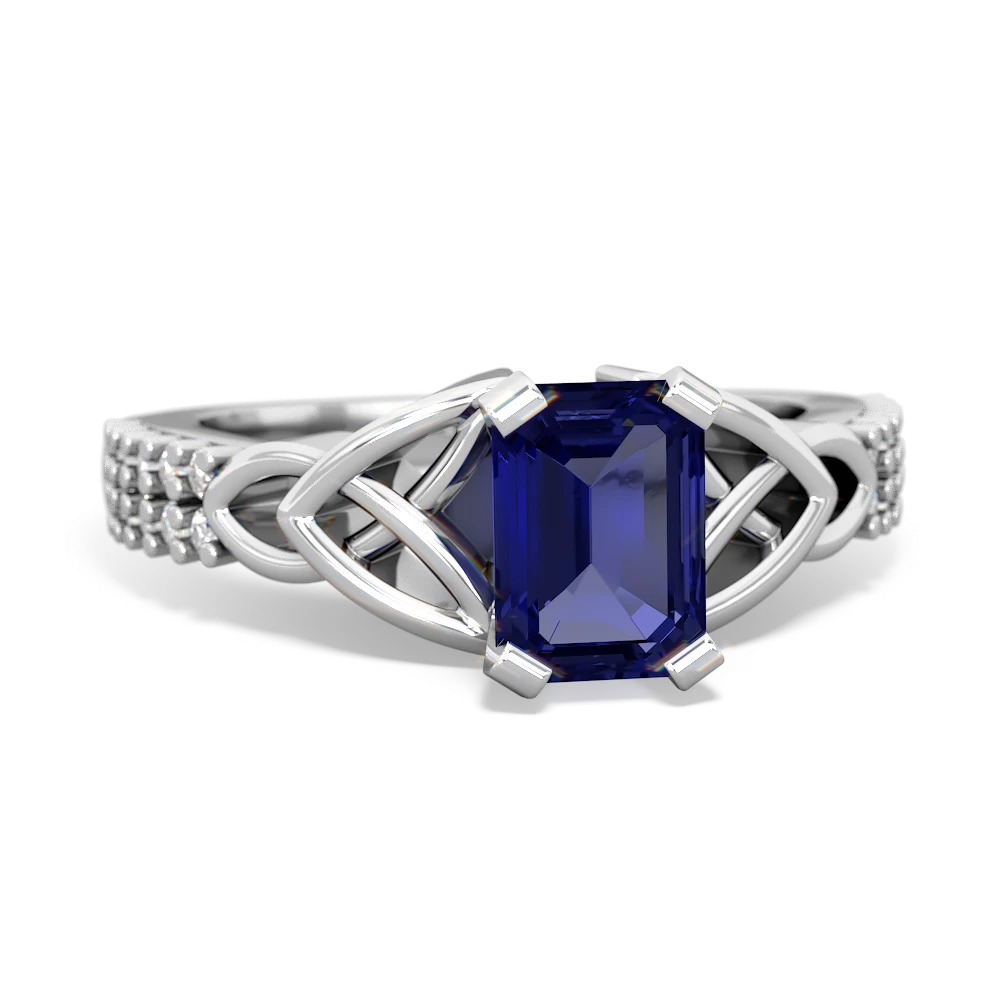 Lab Sapphire Celtic Knot 7X5 Emerald-Cut Engagement 14K White Gold ring R26447EM