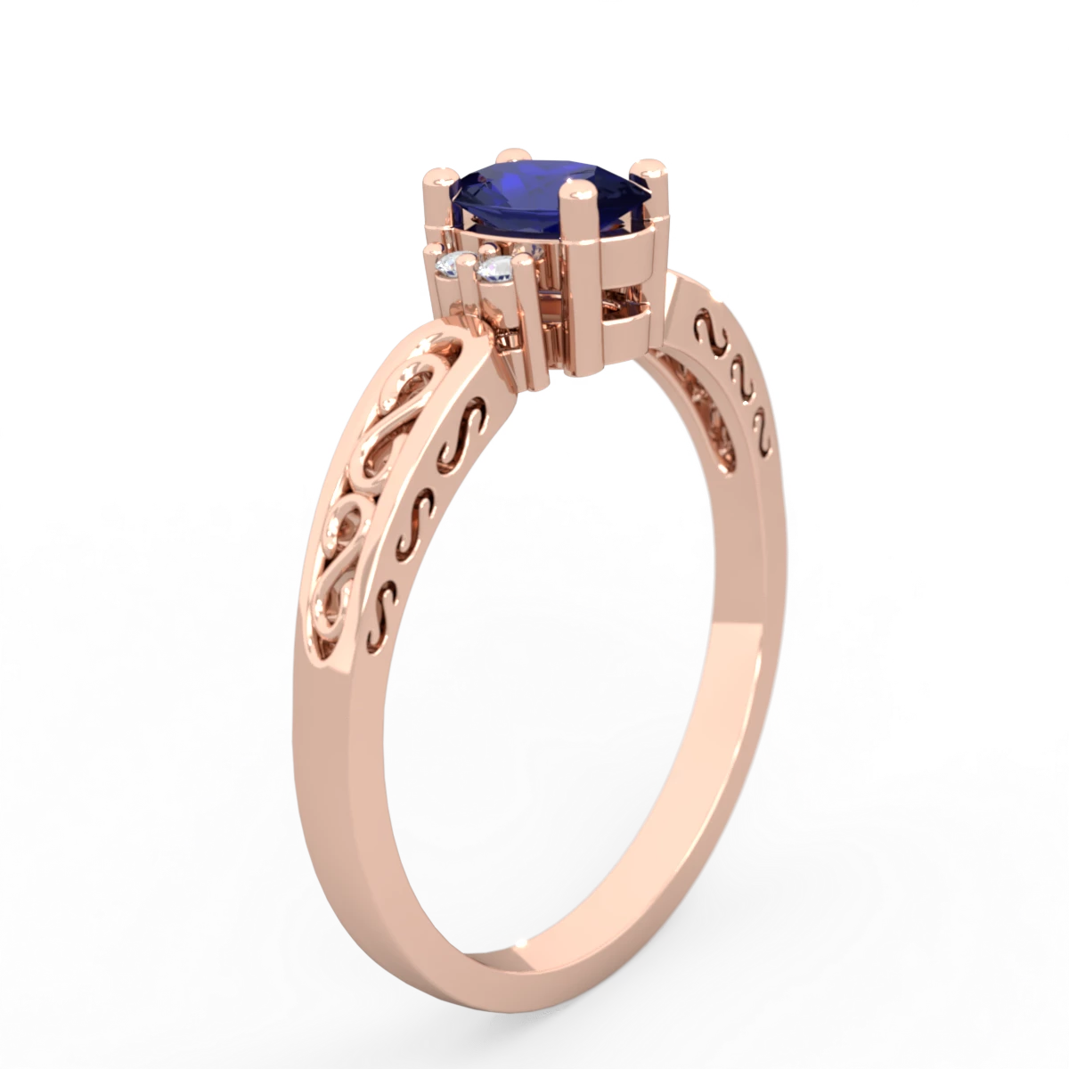 Lab Sapphire Filligree Scroll Oval 14K Rose Gold ring R0812