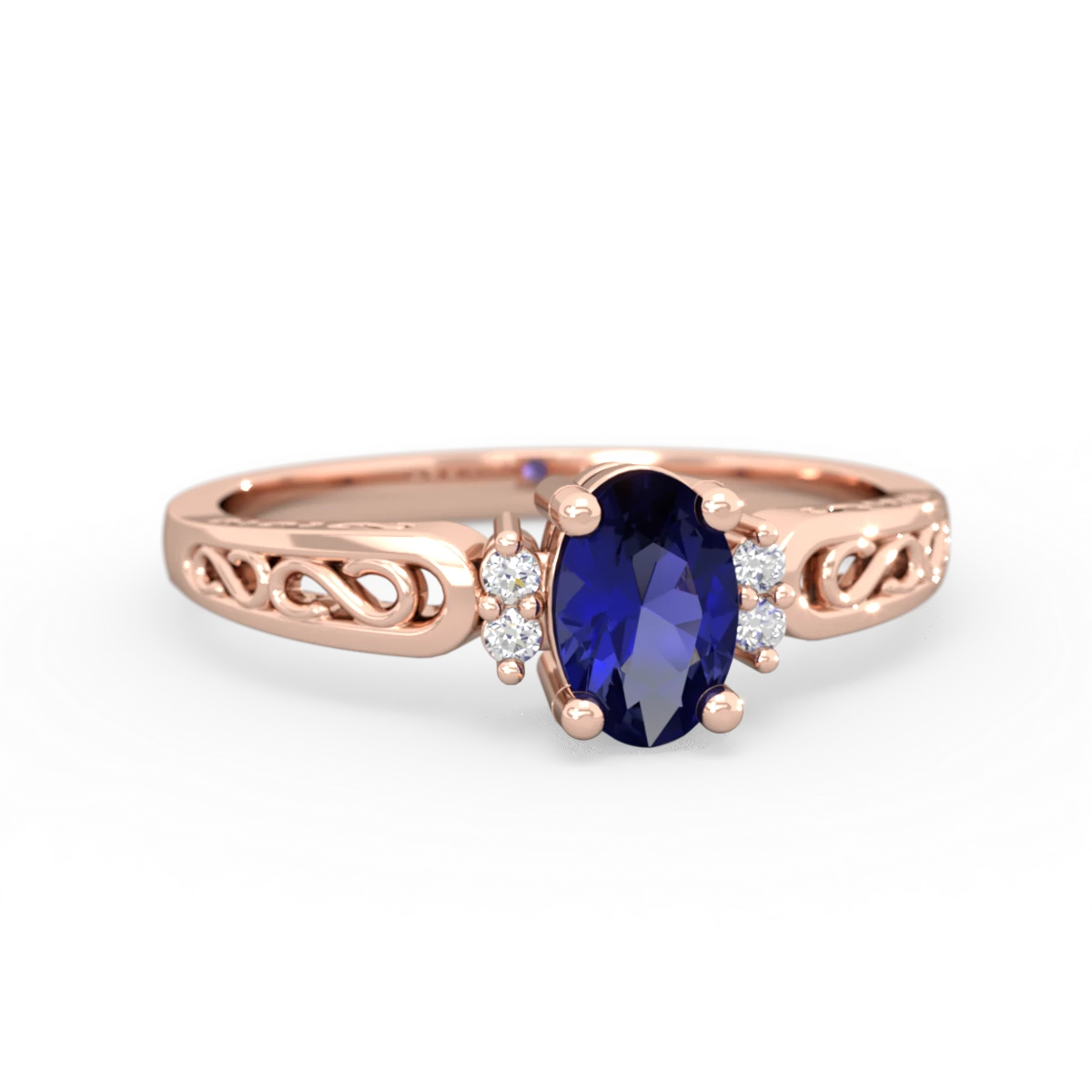 Lab Sapphire Filligree Scroll Oval 14K Rose Gold ring R0812