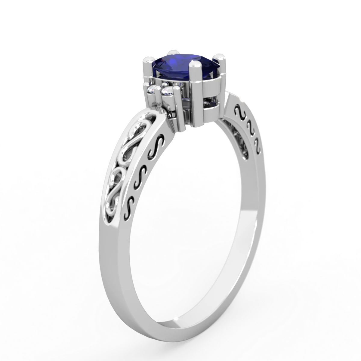 Lab Sapphire Filligree Scroll Oval 14K White Gold ring R0812