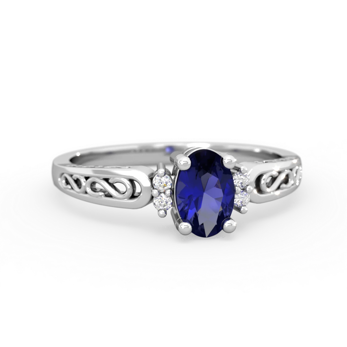Lab Sapphire Filligree Scroll Oval 14K White Gold ring R0812