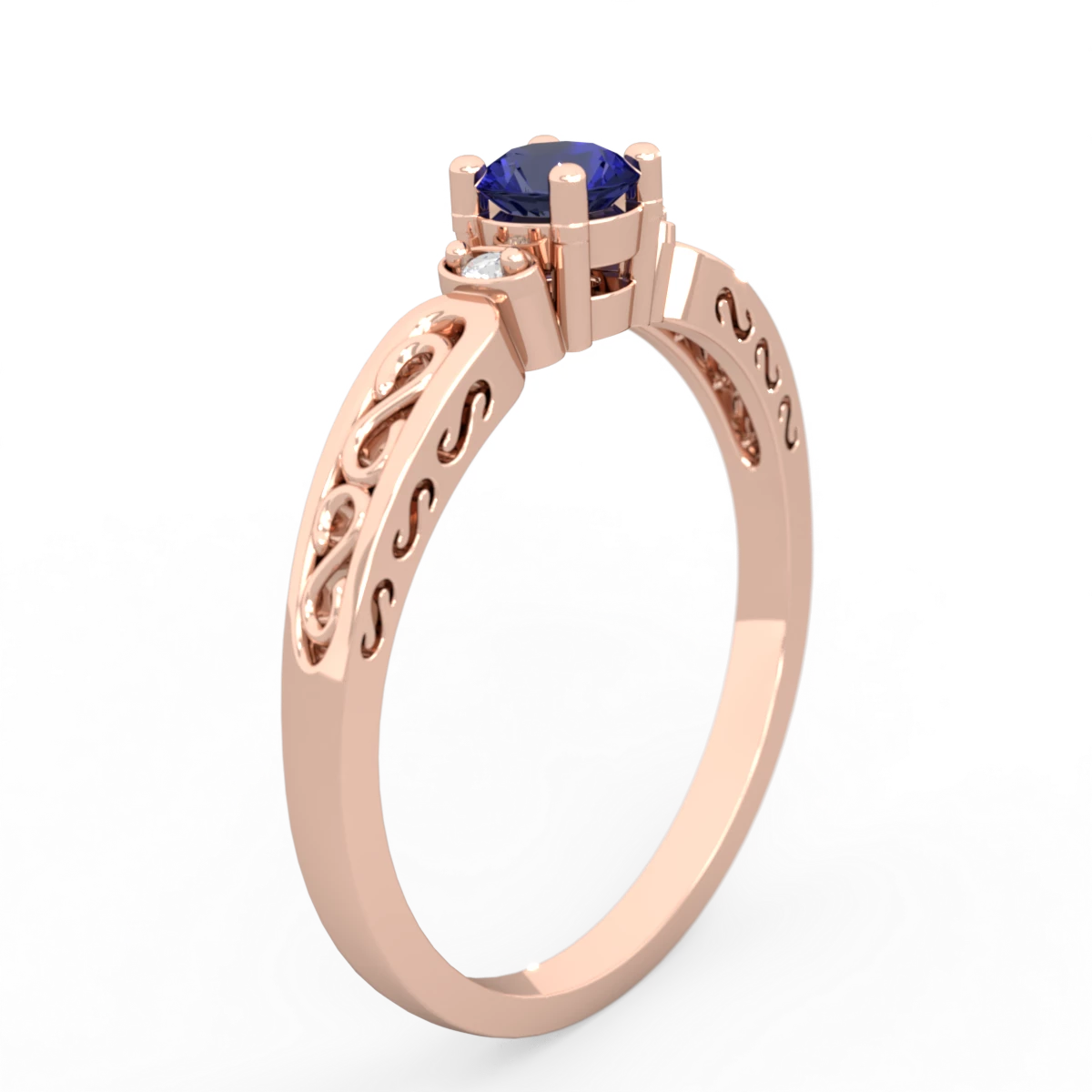 Lab Sapphire Filligree Scroll Round 14K Rose Gold ring R0829