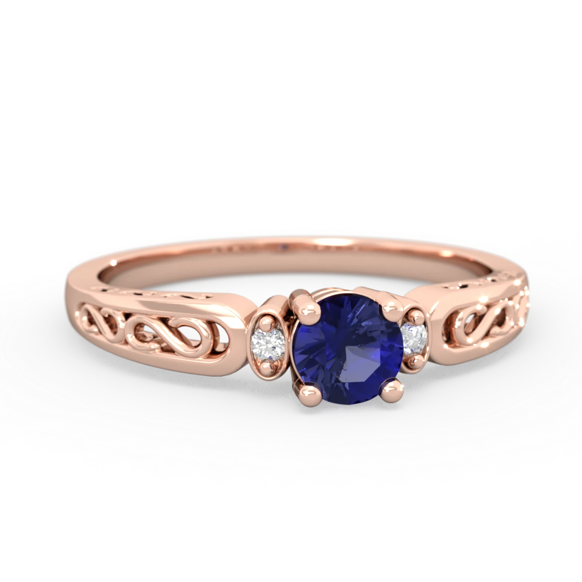 Lab Sapphire Filligree Scroll Round 14K Rose Gold ring R0829