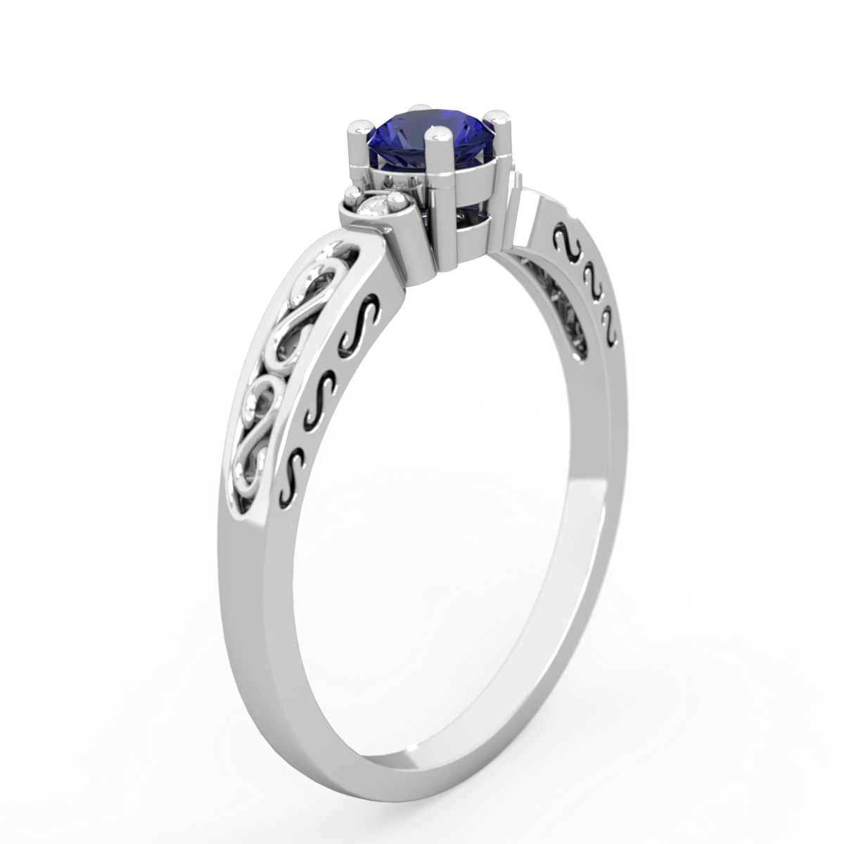 Lab Sapphire Filligree Scroll Round 14K White Gold ring R0829