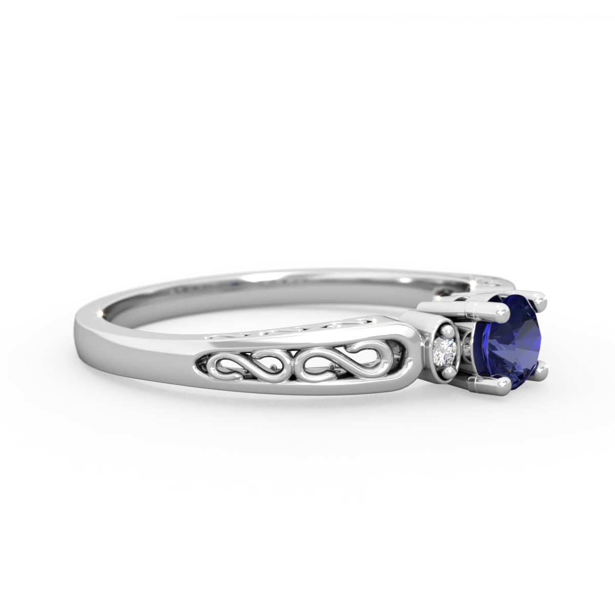 Lab Sapphire Filligree Scroll Round 14K White Gold ring R0829
