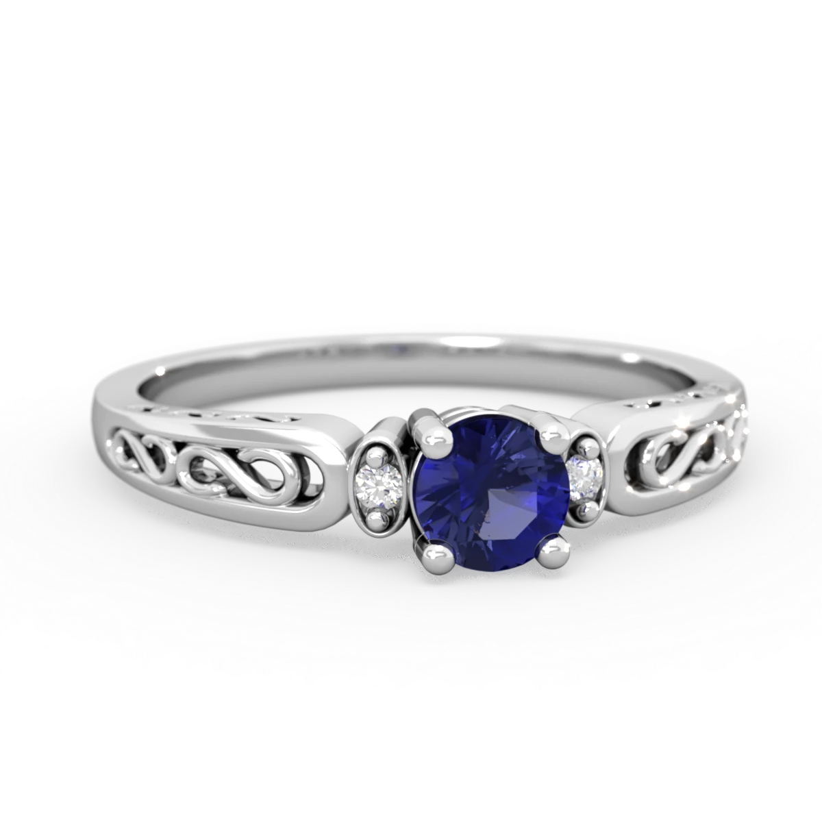 Lab Sapphire Filligree Scroll Round 14K White Gold ring R0829