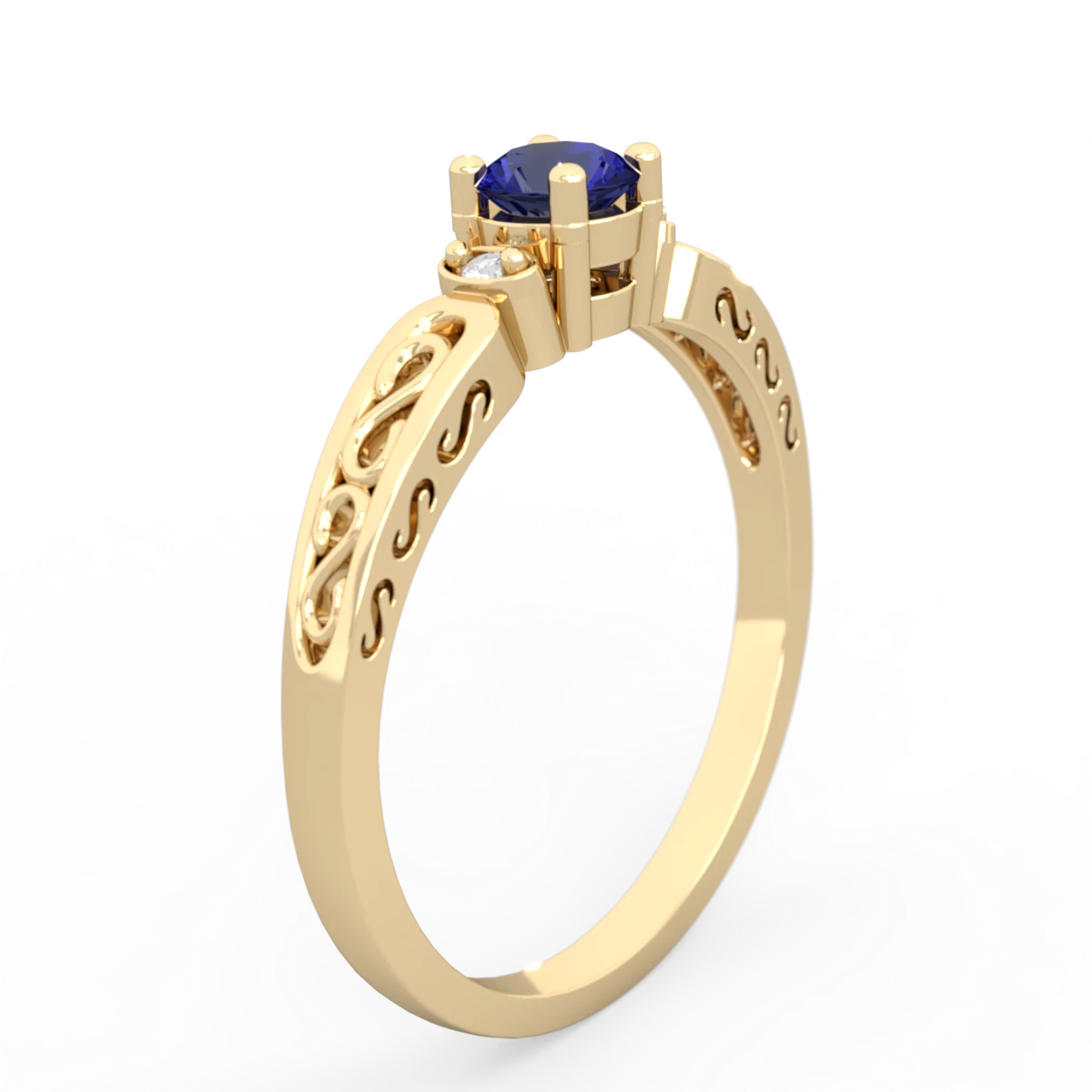 Lab Sapphire Filligree Scroll Round 14K Yellow Gold ring R0829
