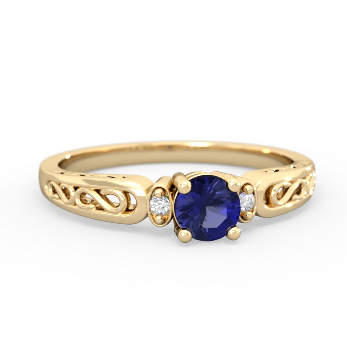 Lab Sapphire Filligree Scroll Round 14K Yellow Gold ring R0829