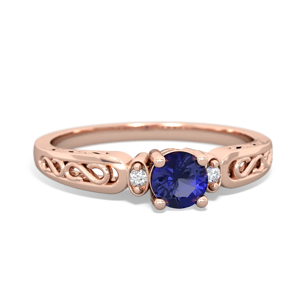 Lab Sapphire Filligree Scroll Round 14K Rose Gold ring R0829