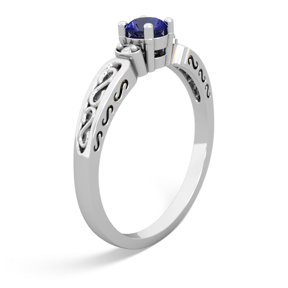 Lab Sapphire Filligree Scroll Round 14K White Gold ring R0829