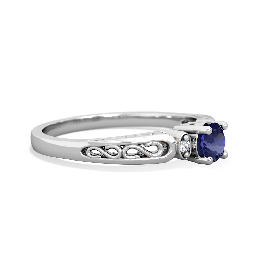 Lab Sapphire Filligree Scroll Round 14K White Gold ring R0829