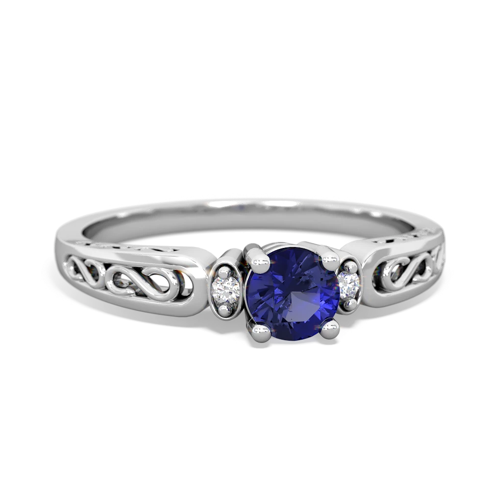 Lab Sapphire Filligree Scroll Round 14K White Gold ring R0829