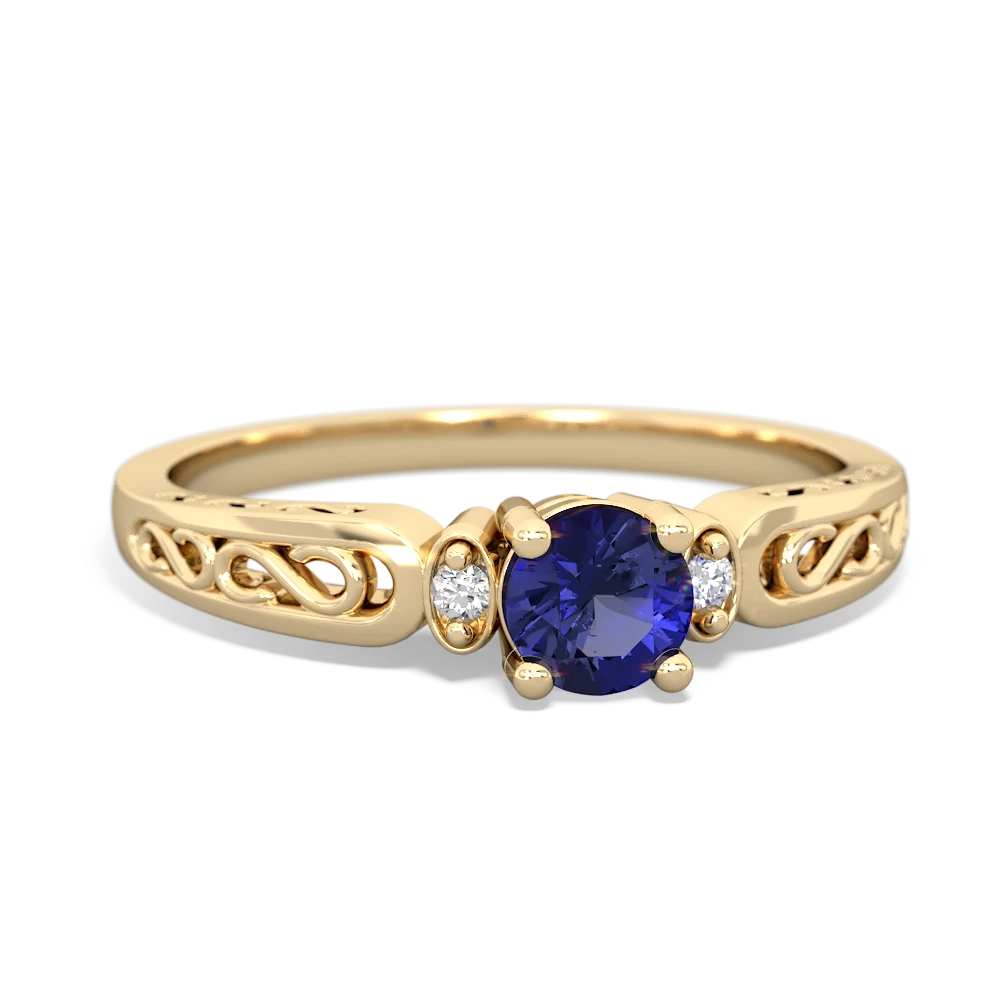 Lab Sapphire Filligree Scroll Round 14K Yellow Gold ring R0829