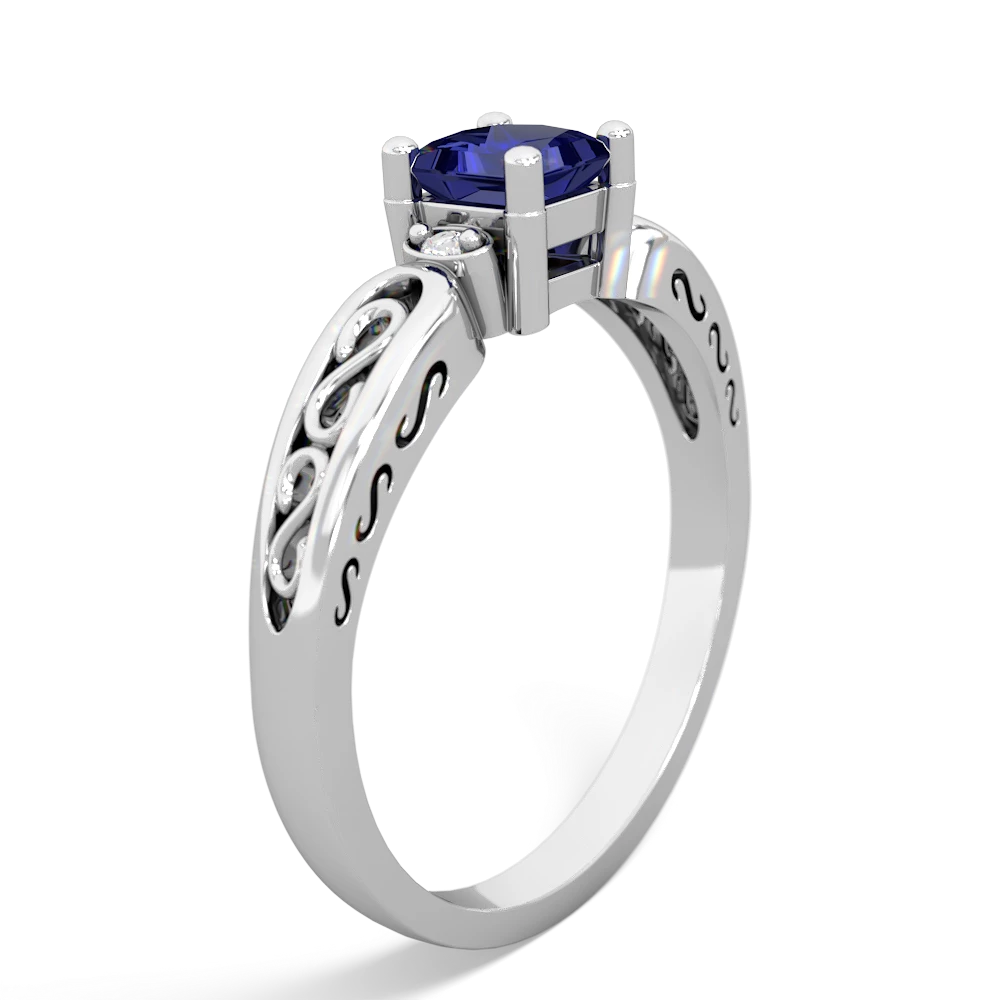 Lab Sapphire Filligree Scroll Square 14K White Gold ring R2430