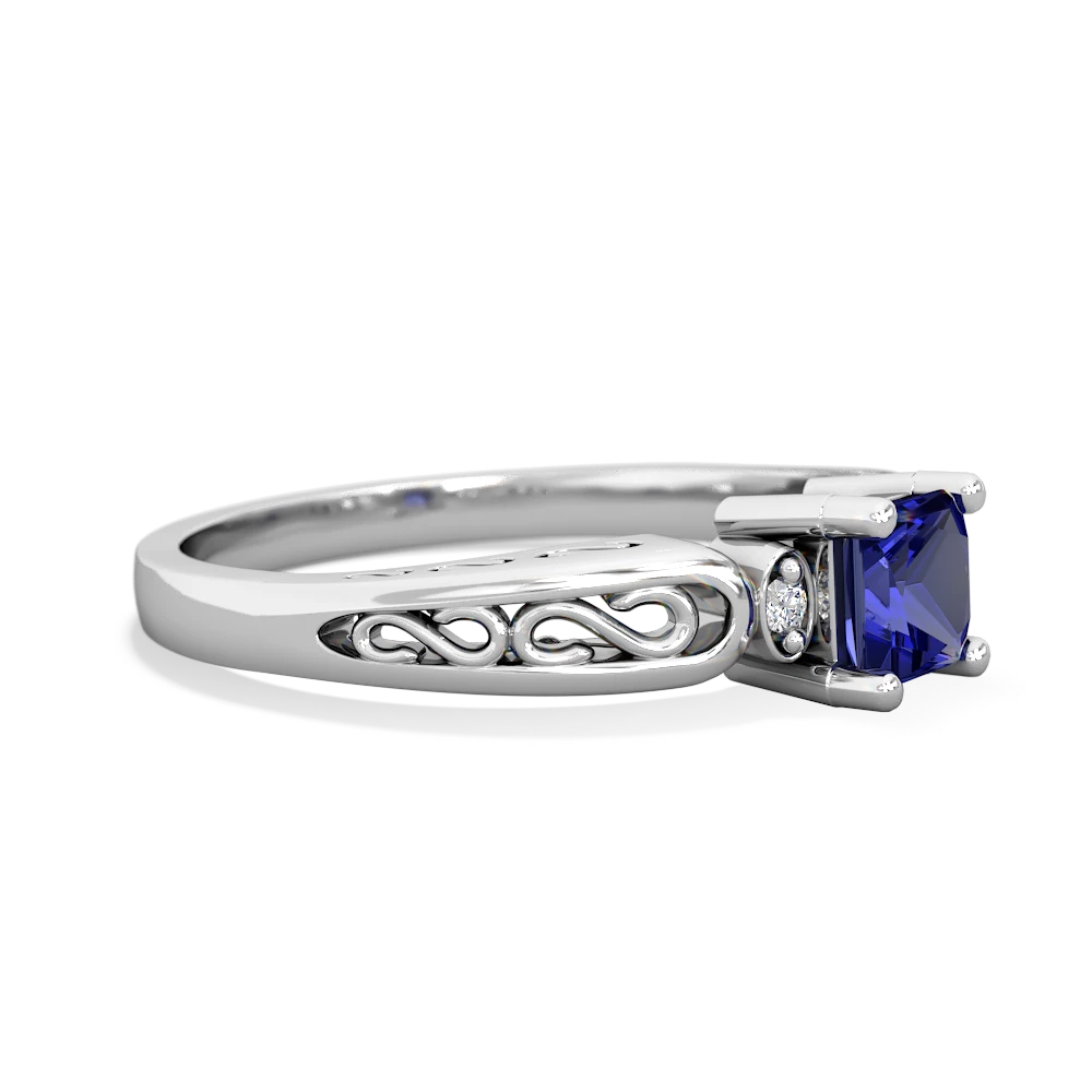 Lab Sapphire Filligree Scroll Square 14K White Gold ring R2430