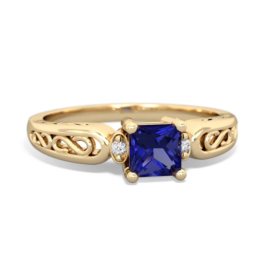 Lab Sapphire Filligree Scroll Square 14K Yellow Gold ring R2430