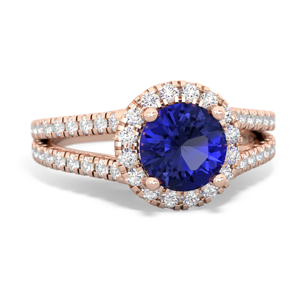 Lab Sapphire Pave Halo 14K Rose Gold ring R5490