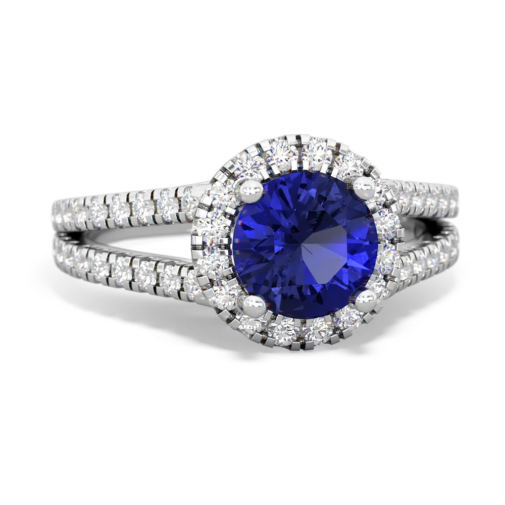 Lab Sapphire Pave Halo 14K White Gold ring R5490