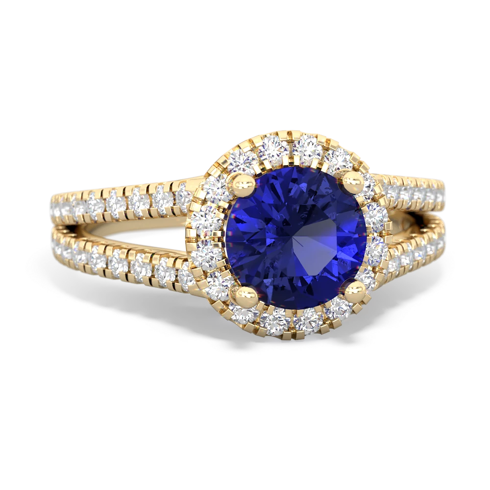 Lab Sapphire Pave Halo 14K Yellow Gold ring R5490