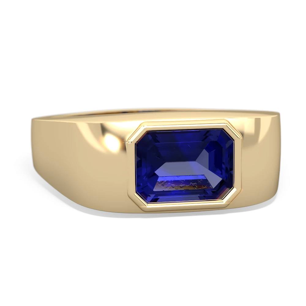Lab Sapphire Men's Emerald-Cut Bezel 14K Yellow Gold ring R0410