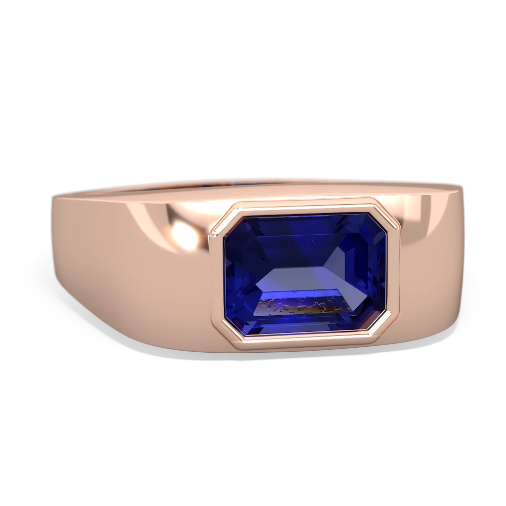 Lab Sapphire Men's Emerald-Cut Bezel 14K Rose Gold ring R0410