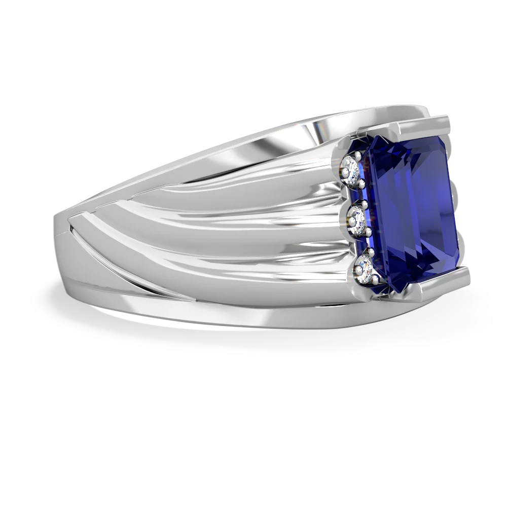 Lab Sapphire Men's 9X7mm Emerald-Cut 14K White Gold ring R1835