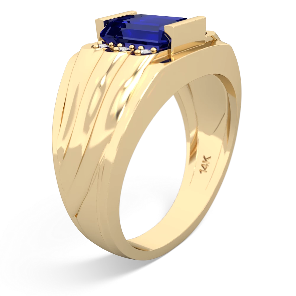 Lab Sapphire Men's 9X7mm Emerald-Cut 14K Yellow Gold ring R1835