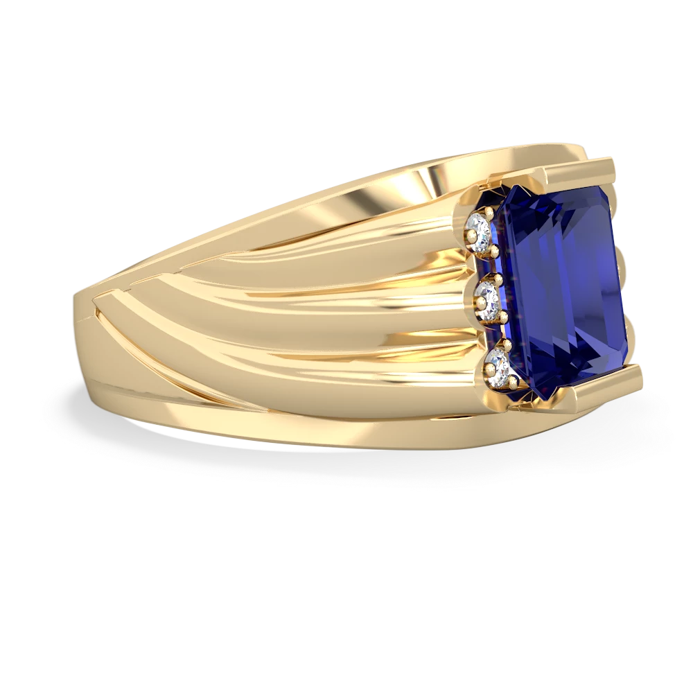 Lab Sapphire Men's 9X7mm Emerald-Cut 14K Yellow Gold ring R1835