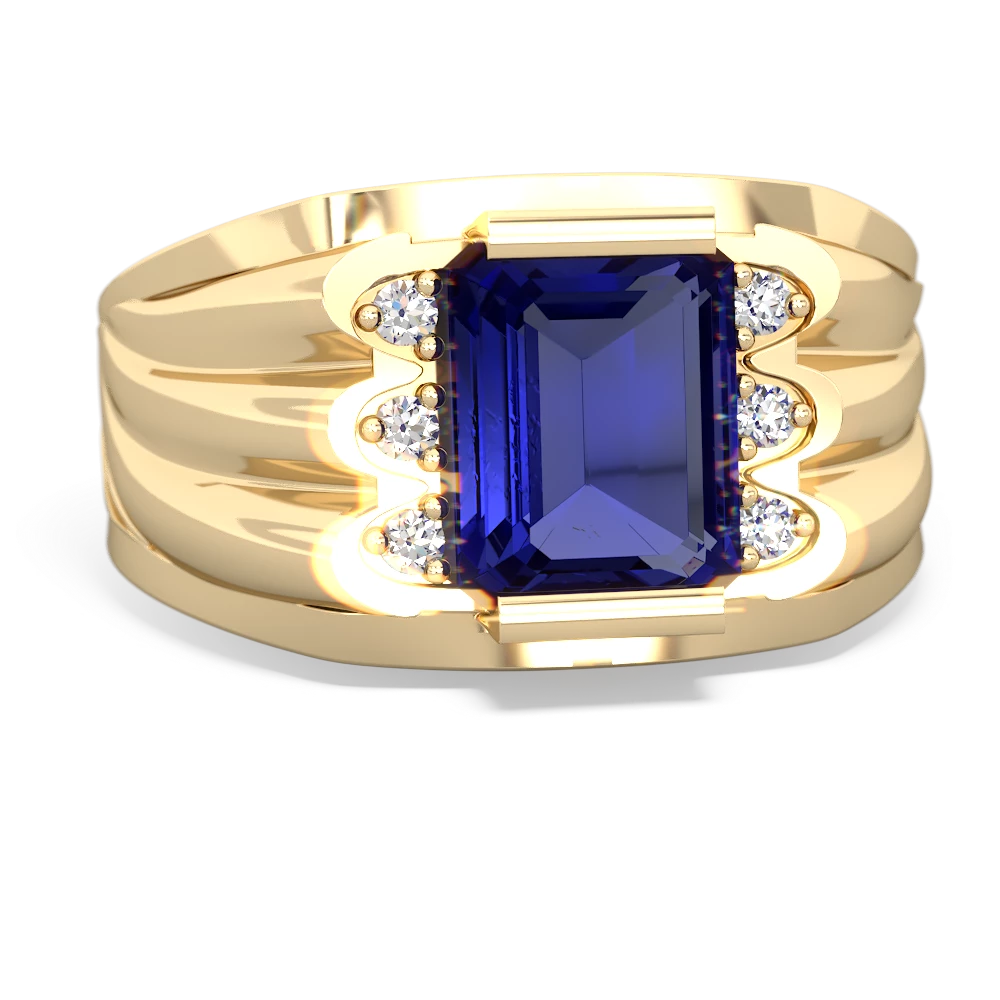 Lab Sapphire Men's 9X7mm Emerald-Cut 14K Yellow Gold ring R1835