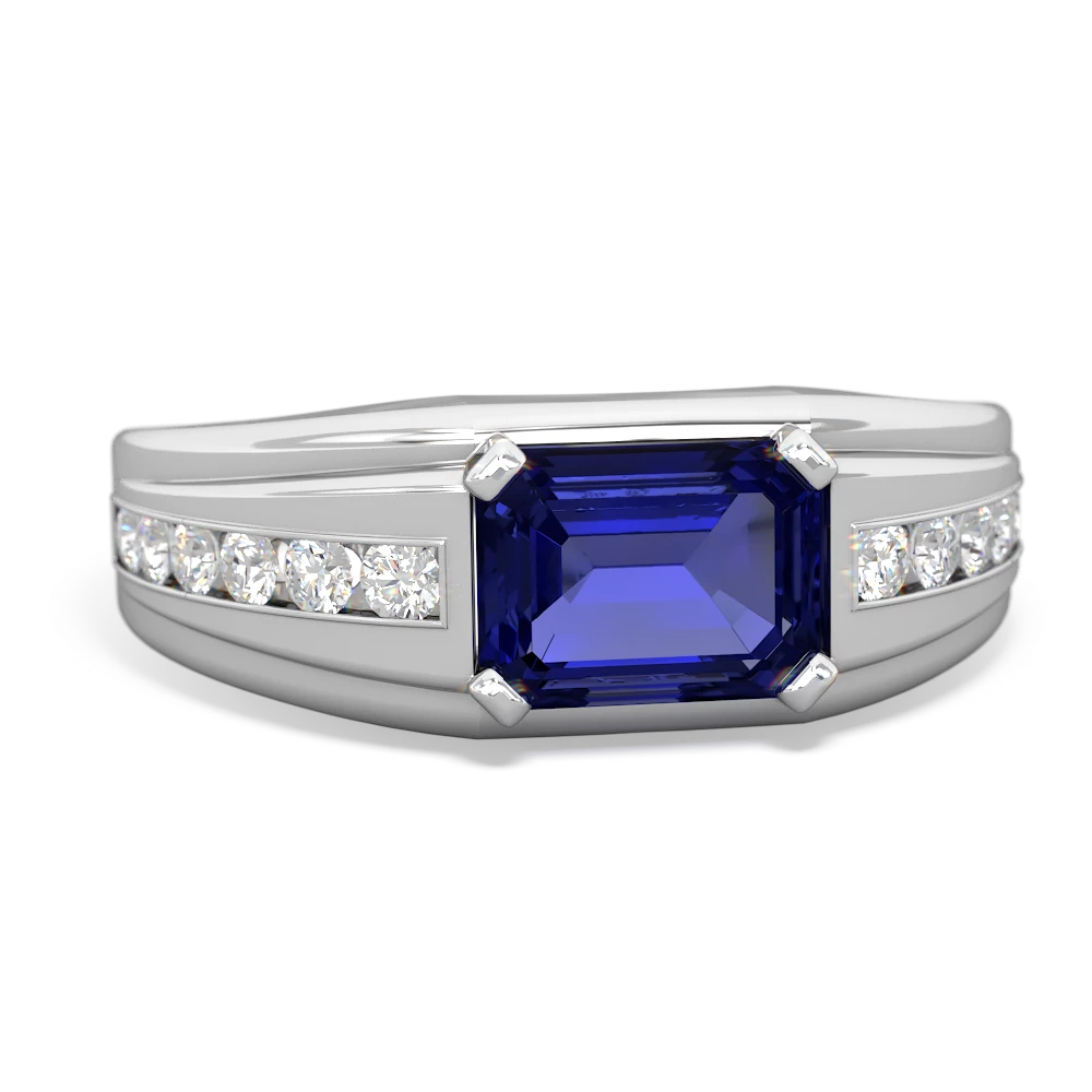 Lab Sapphire Men's Diamond Channel 14K White Gold ring R0500