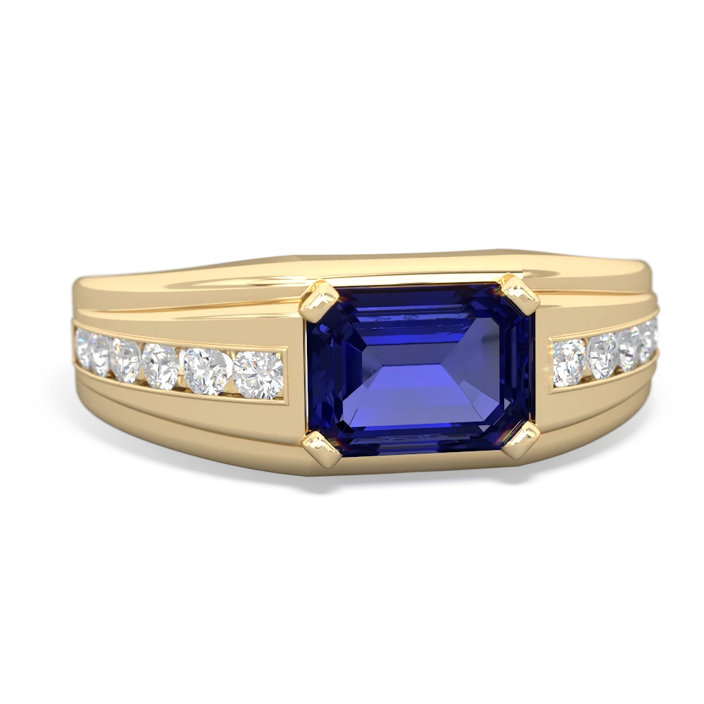 Lab Sapphire Men's Diamond Channel 14K Yellow Gold ring R0500