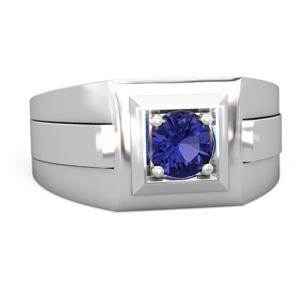 Lab Sapphire Men's Squared Circle 14K White Gold ring R0480