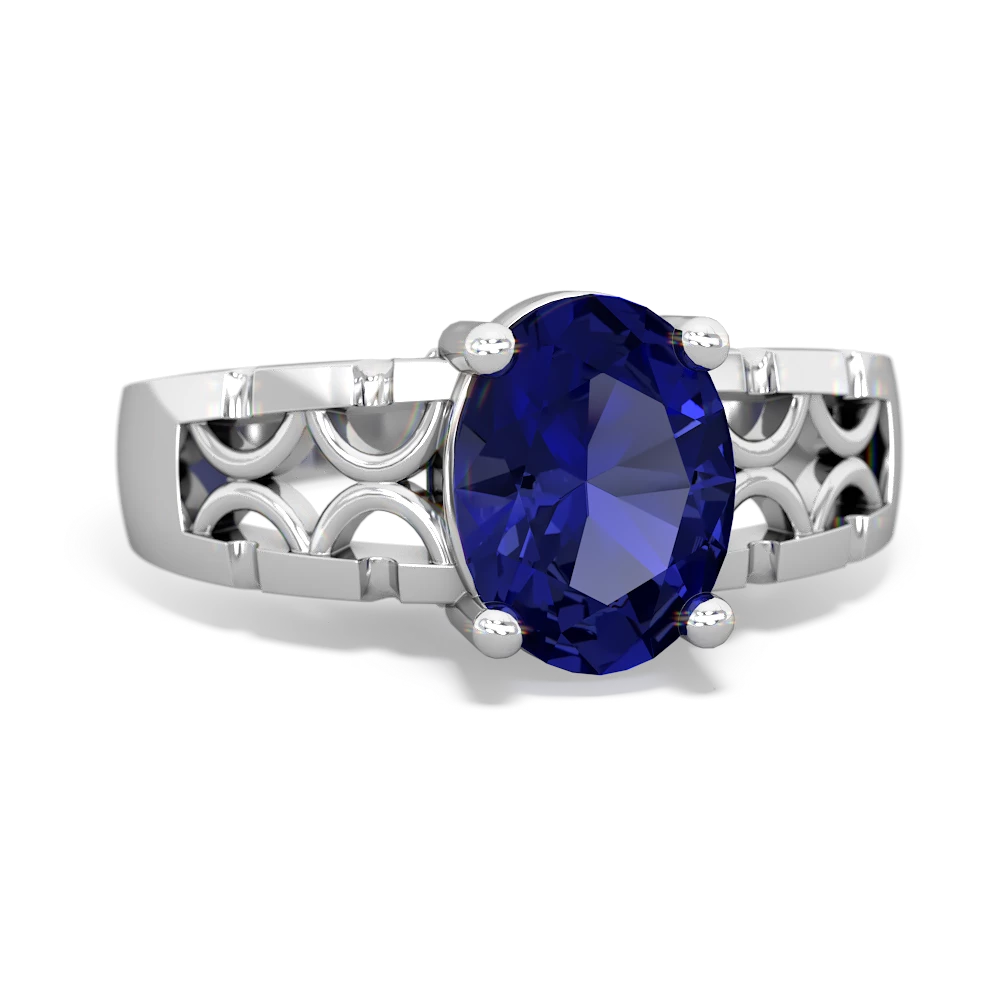 Lab Sapphire Art Deco Filigree 14K White Gold ring R2322