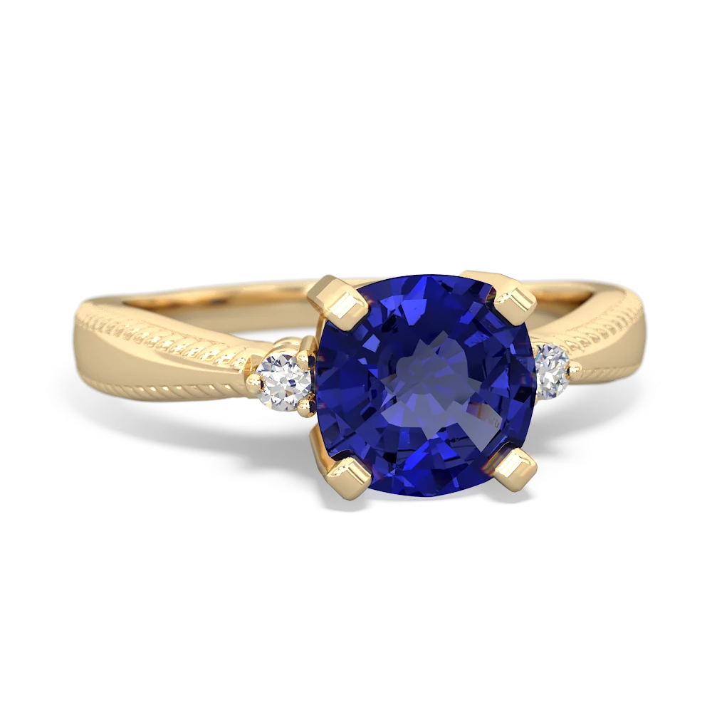 Lab Sapphire Cushion Rope 14K Yellow Gold ring R2484