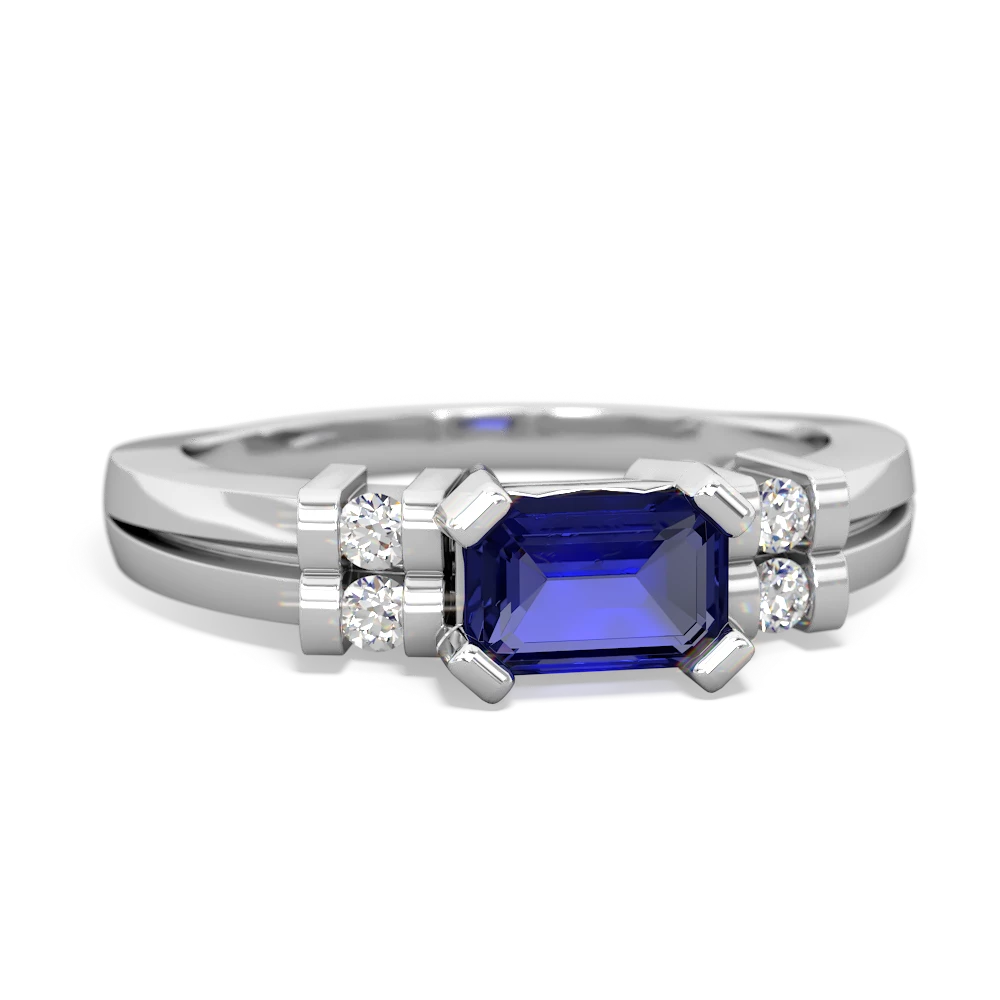 Lab Sapphire Art Deco East-West 14K White Gold ring R2590