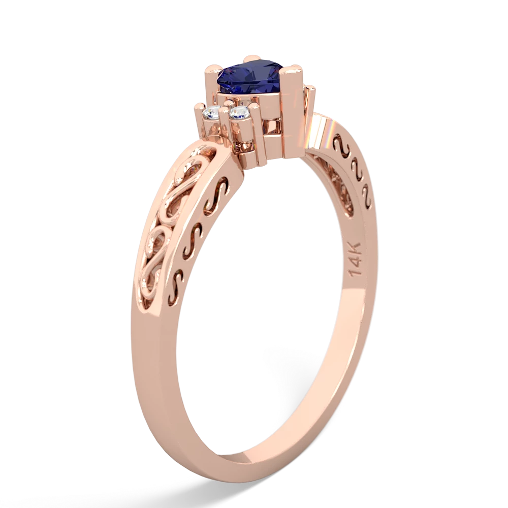 Lab Sapphire Filligree Scroll Heart 14K Rose Gold ring R2429