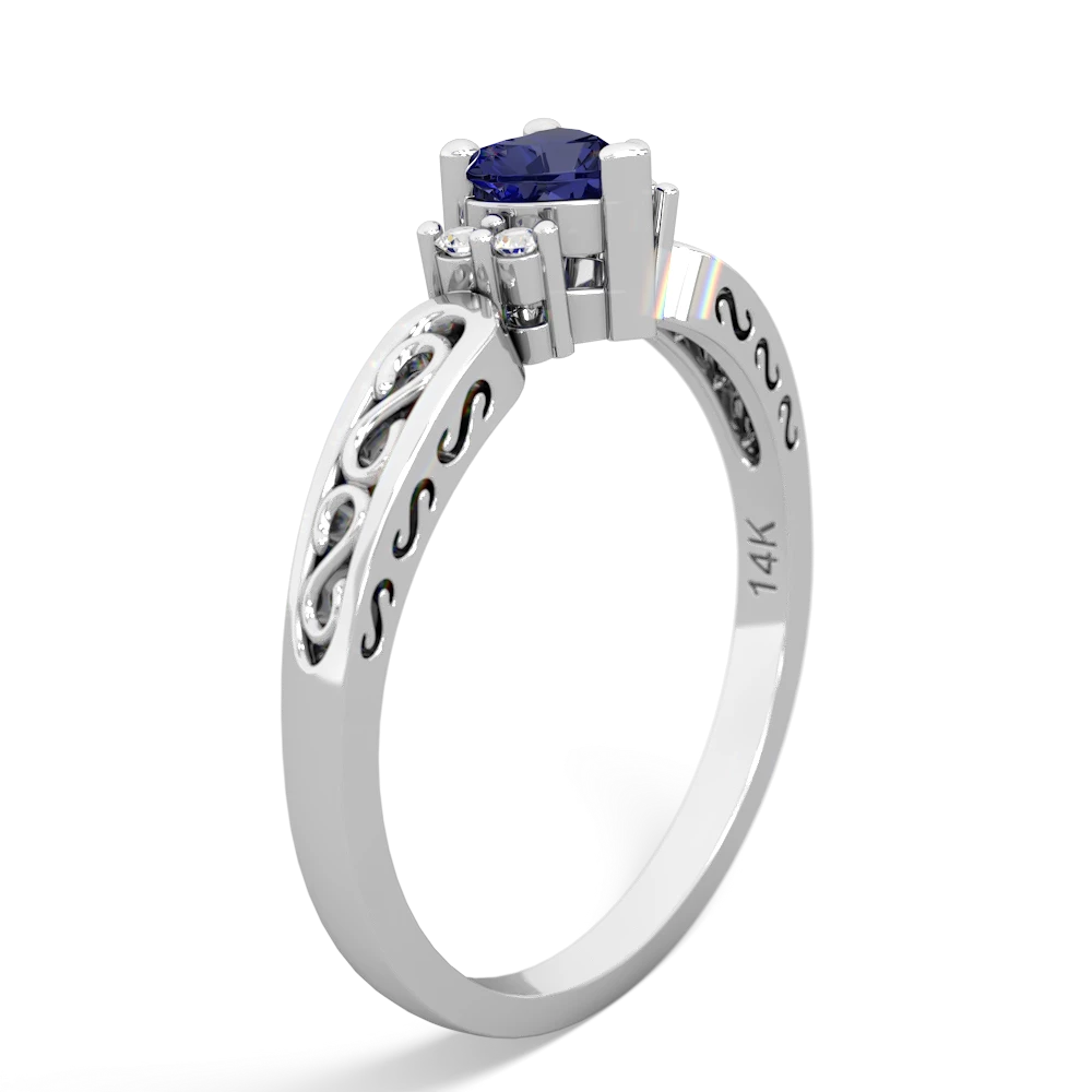 Lab Sapphire Filligree Scroll Heart 14K White Gold ring R2429