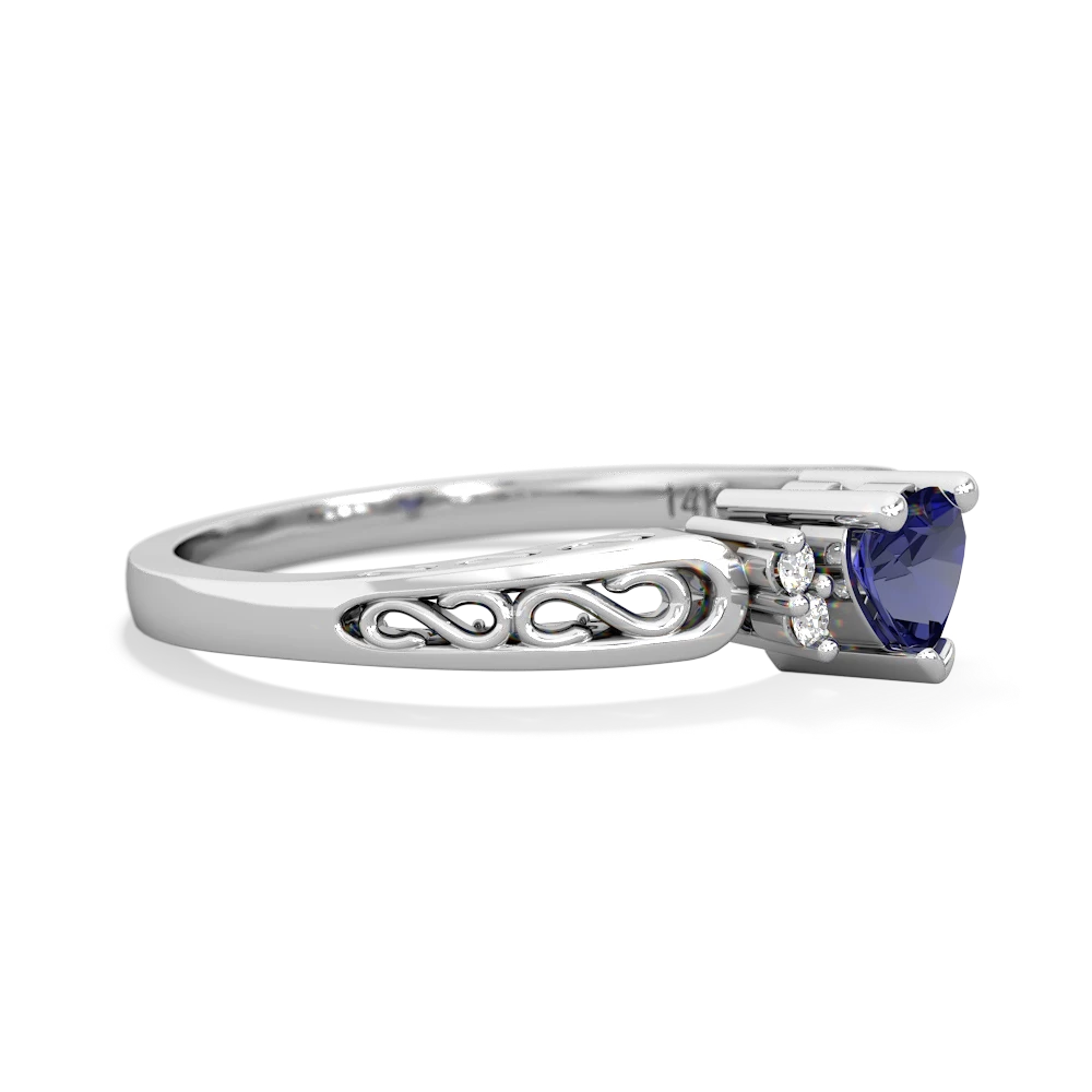 Lab Sapphire Filligree Scroll Heart 14K White Gold ring R2429