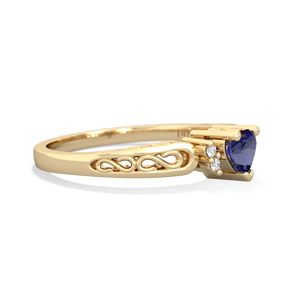 Lab Sapphire Filligree Scroll Heart 14K Yellow Gold ring R2429