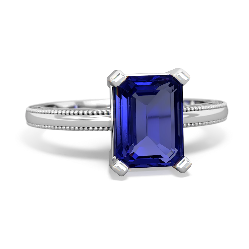 Lab Sapphire Milgrain Scroll 14K White Gold ring R2338